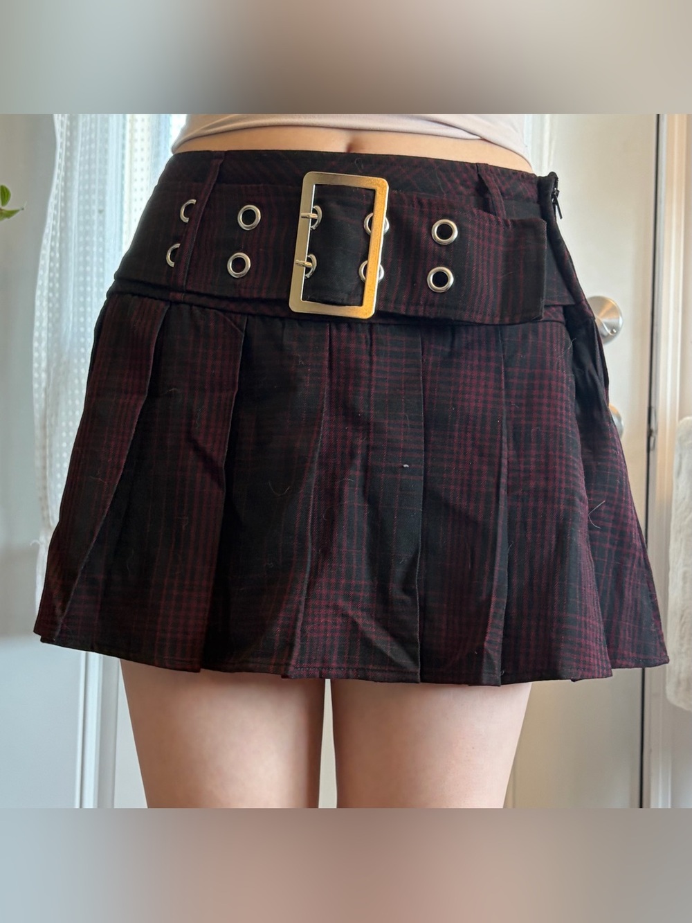 Pleated Plaid Mini Skirt with Buckle Waist - Black and Burgundy